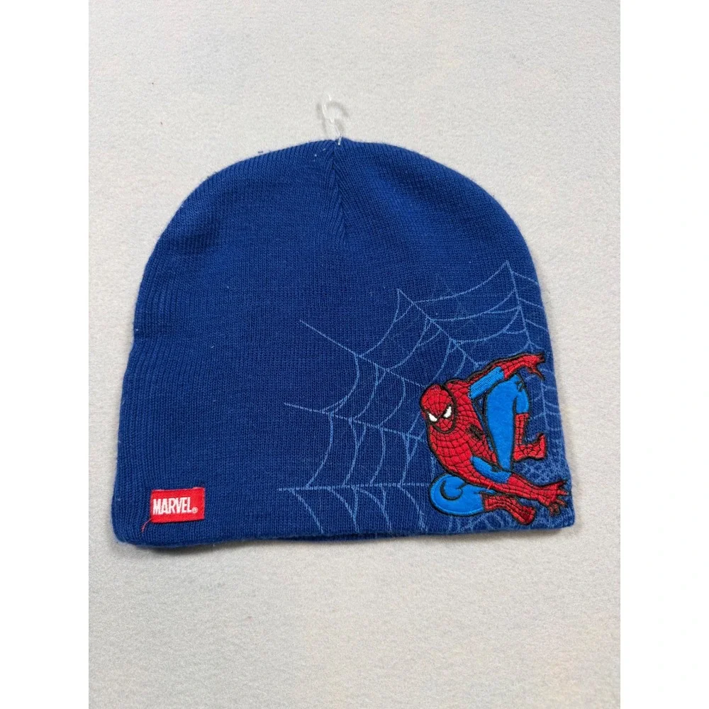 Marvel Spider-Man Kids Blue Knit Beanie Hat Superhero Web Embroidery